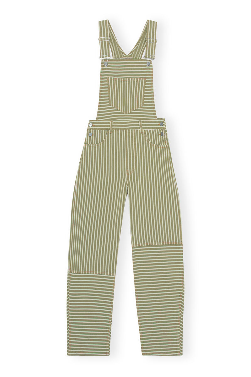 Stripe Denim Overalls, Cotton, in colour Stripe Loden Green - 1 - GANNI