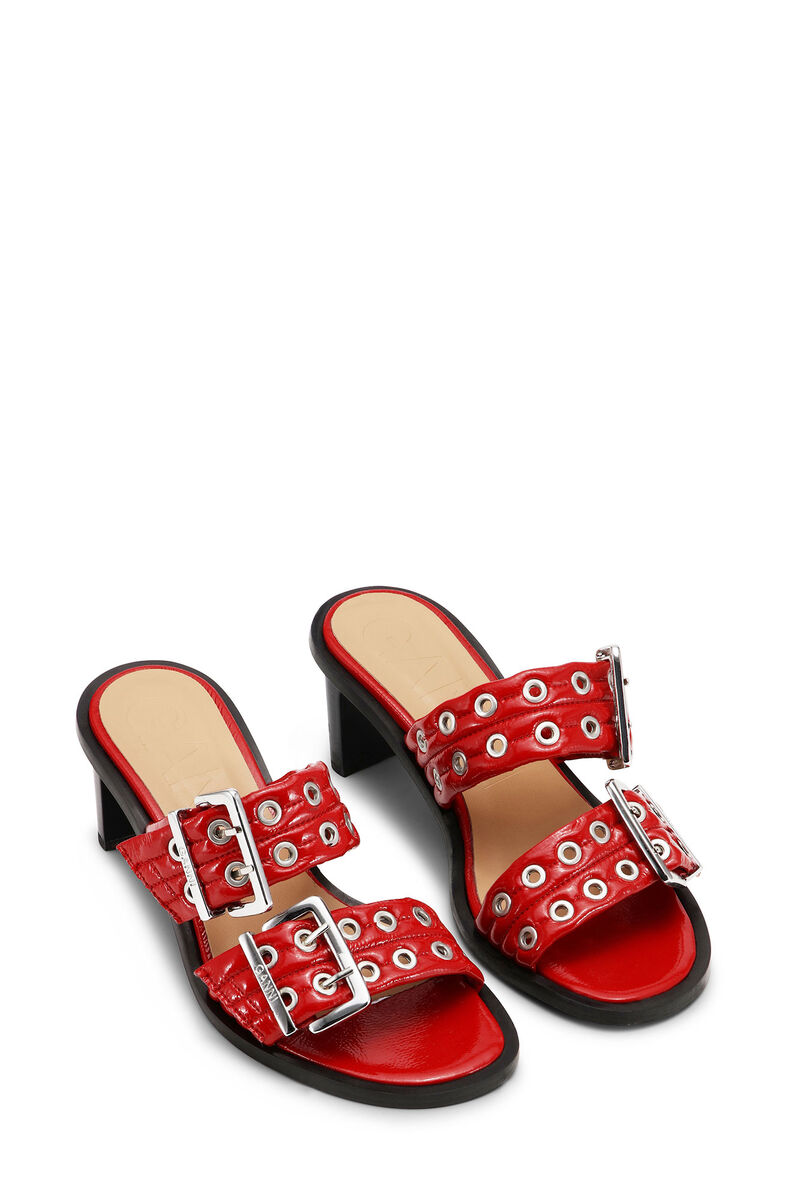 Red Feminine Buckle Heeled Mule Sandals, Cotton, in colour Racing Red - 2 - GANNI
