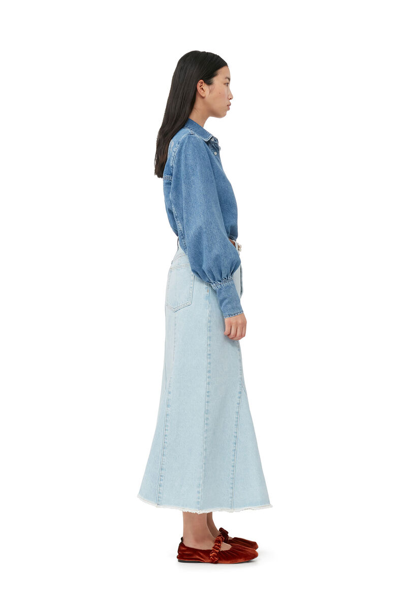 Bleach Denim Peplum Midi Skirt, Cotton, in colour Light Blue Stone - 2 - GANNI