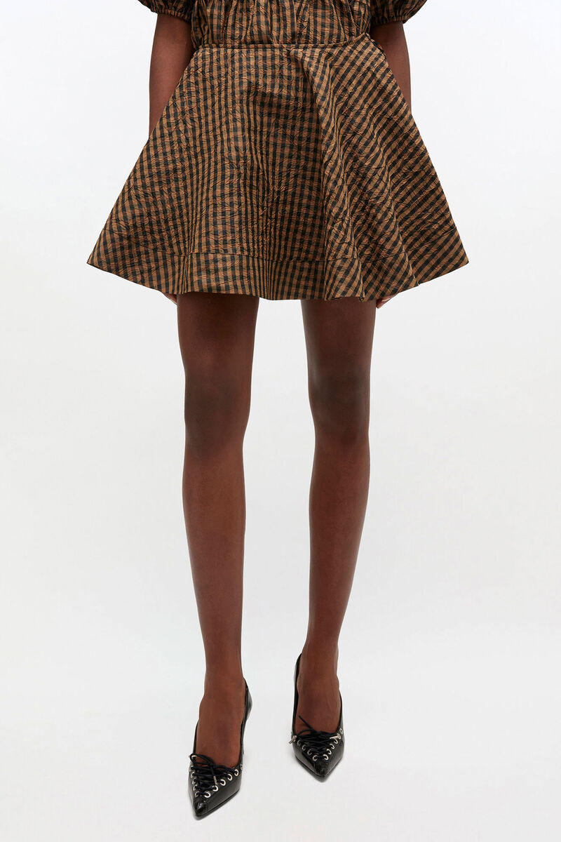 Crinkled Check Mini Circle Skirt, in colour Tobacco Brown - 2 - GANNI
