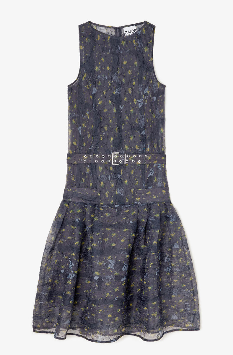 Dress in Shibori Organza, Recycled Polyester, in colour Black Sand - 1 - GANNI