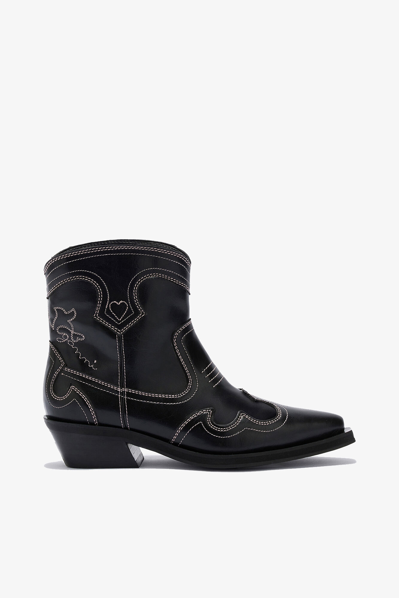 Low Shaft Embroidered Western Boots, Polyurethane, in colour Black/Pink - 1 - GANNI