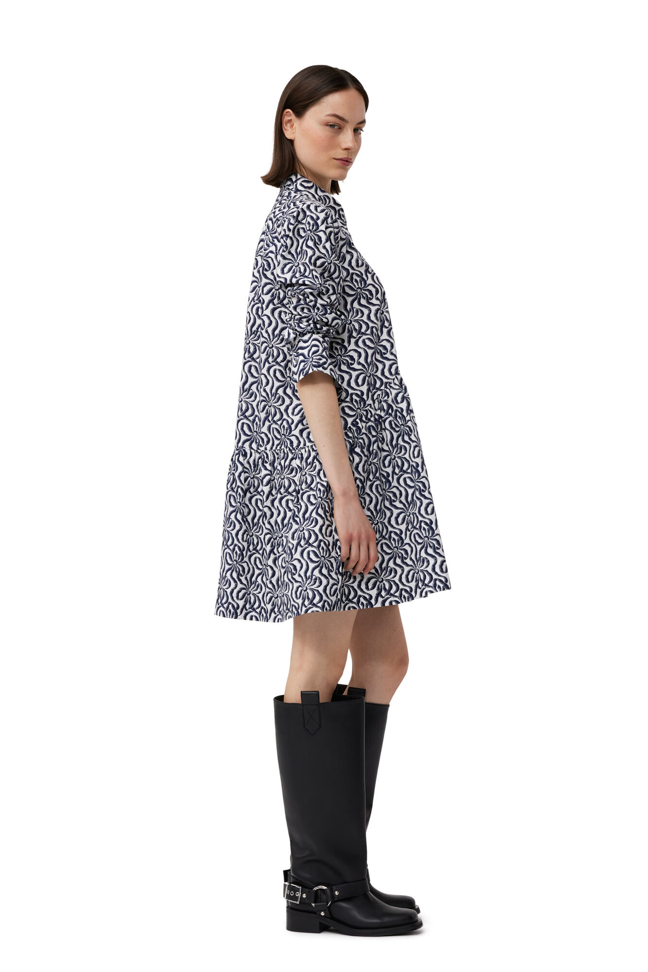 Printed Cotton Poplin Mini Shirt Dress, Cotton, in colour Egret - 3 - GANNI