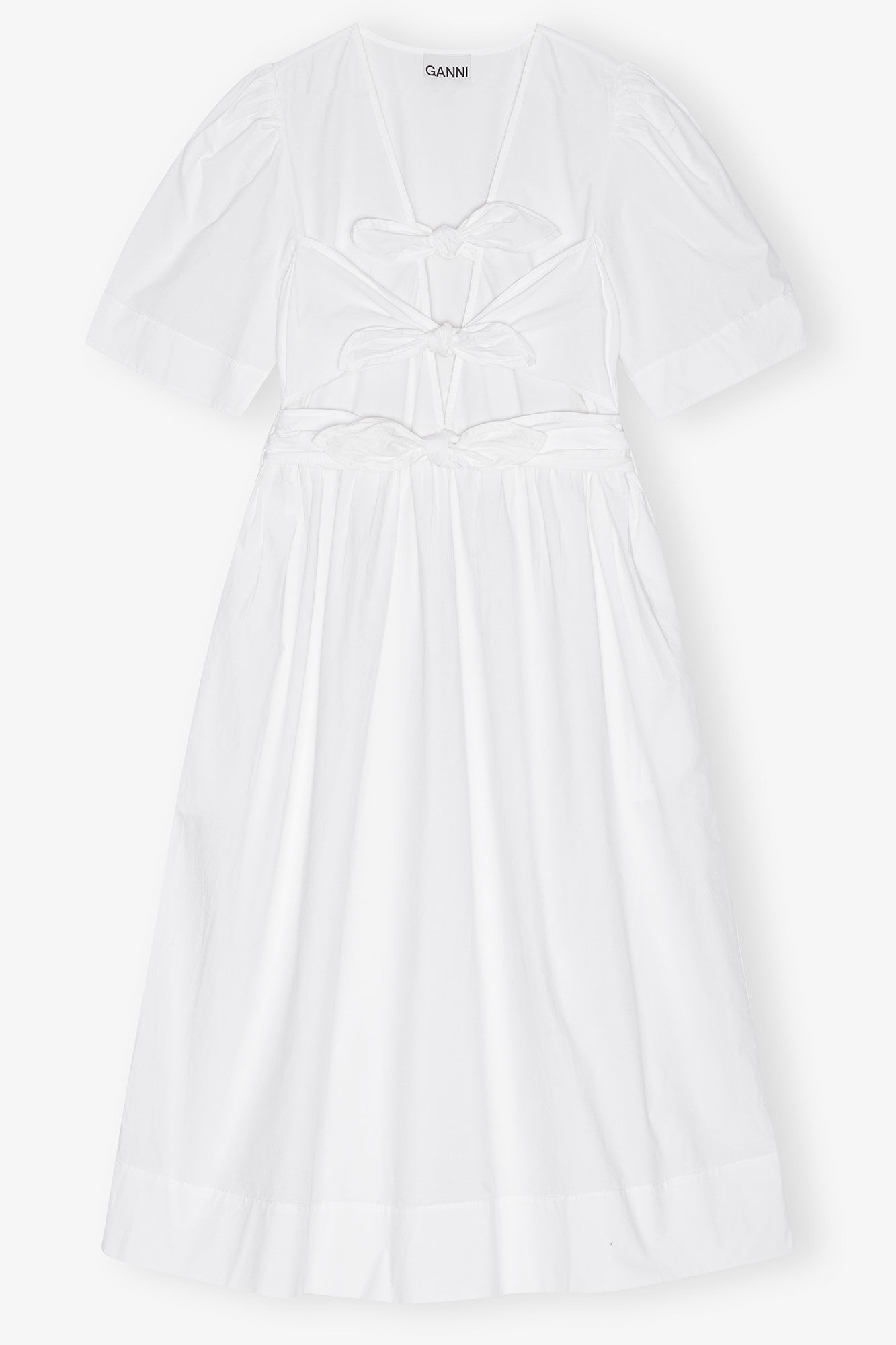 Hvid midikjole i bomuld med stretch og bindebånd, Elastane, in colour Bright White - 1 - GANNI