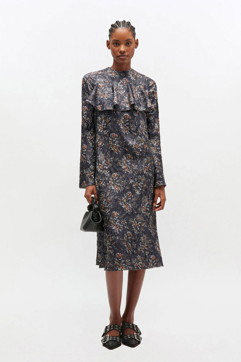 Black Floral Ruffle Dress, Recycled Polyester, in colour Black - 1 - GANNI