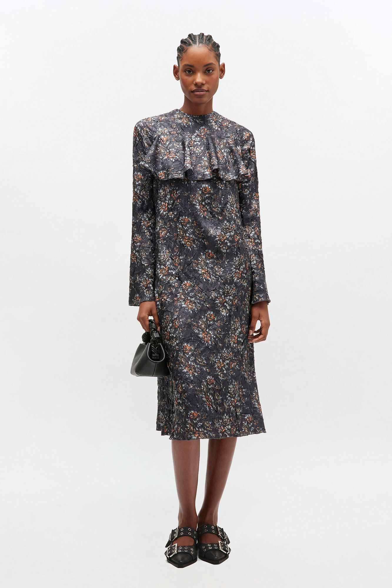 Black Floral Ruffle Dress, Recycled Polyester, in colour Black - 1 - GANNI