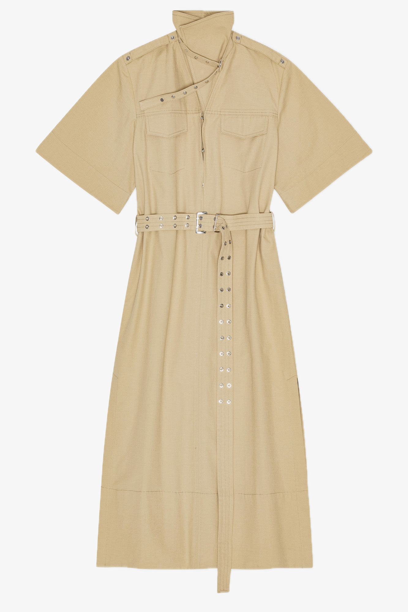 Beige Stretch Cotton Dress, Linen, in colour Pale Khaki - 3 - GANNI