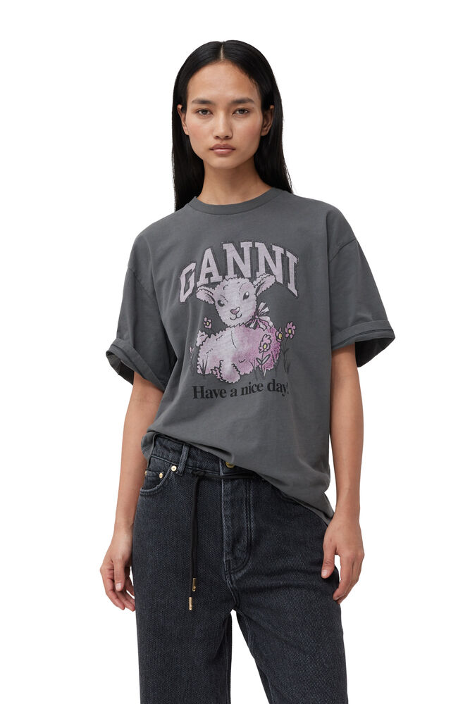 GANNI Grey Future Relaxed Lamb T-shirt,Volcanic Ash