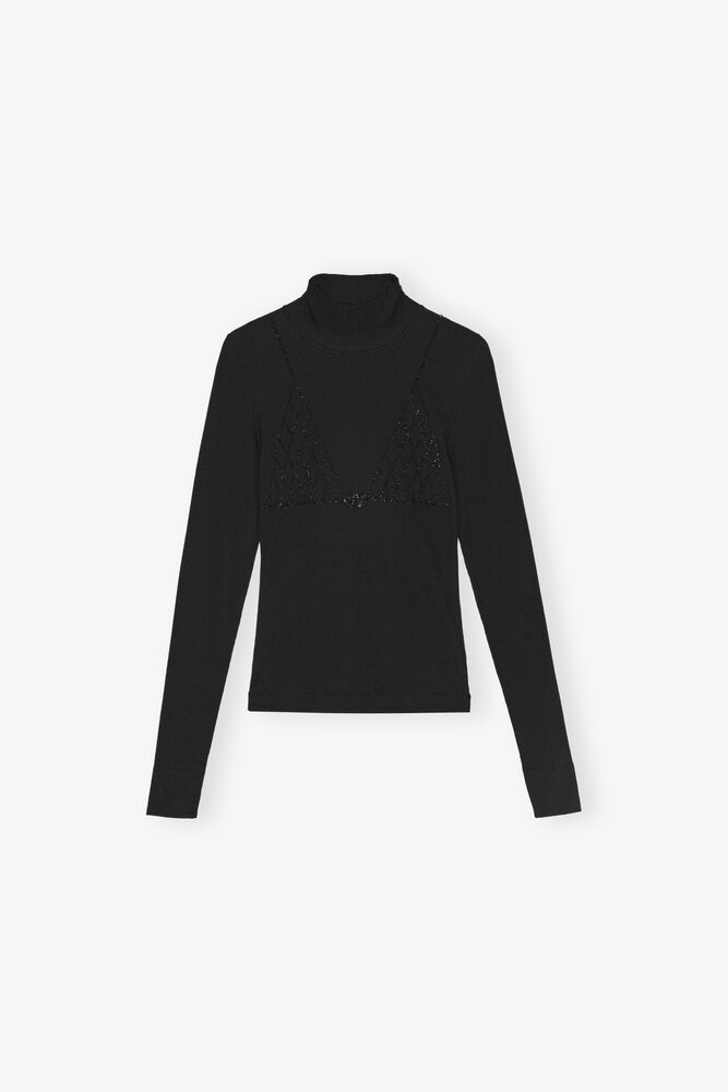Black Soft Cotton Rib Rhinestone Top, Black