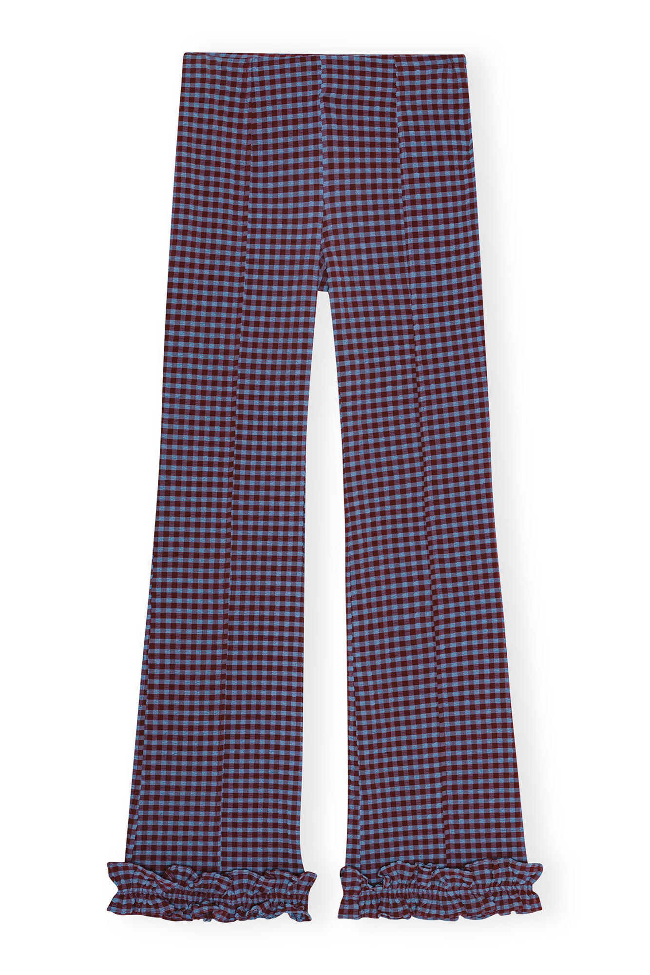 Checkered Stretch Seersucker Frill Trousers, Elastane, in colour Racing Red - 1 - GANNI