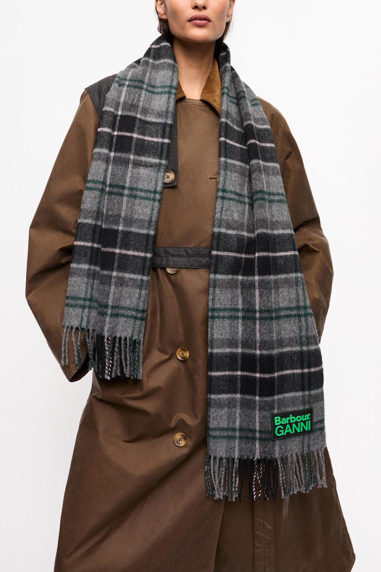 GANNI x Barbour Tartan Scarf, Wool, in colour Phantom - 1 - GANNI