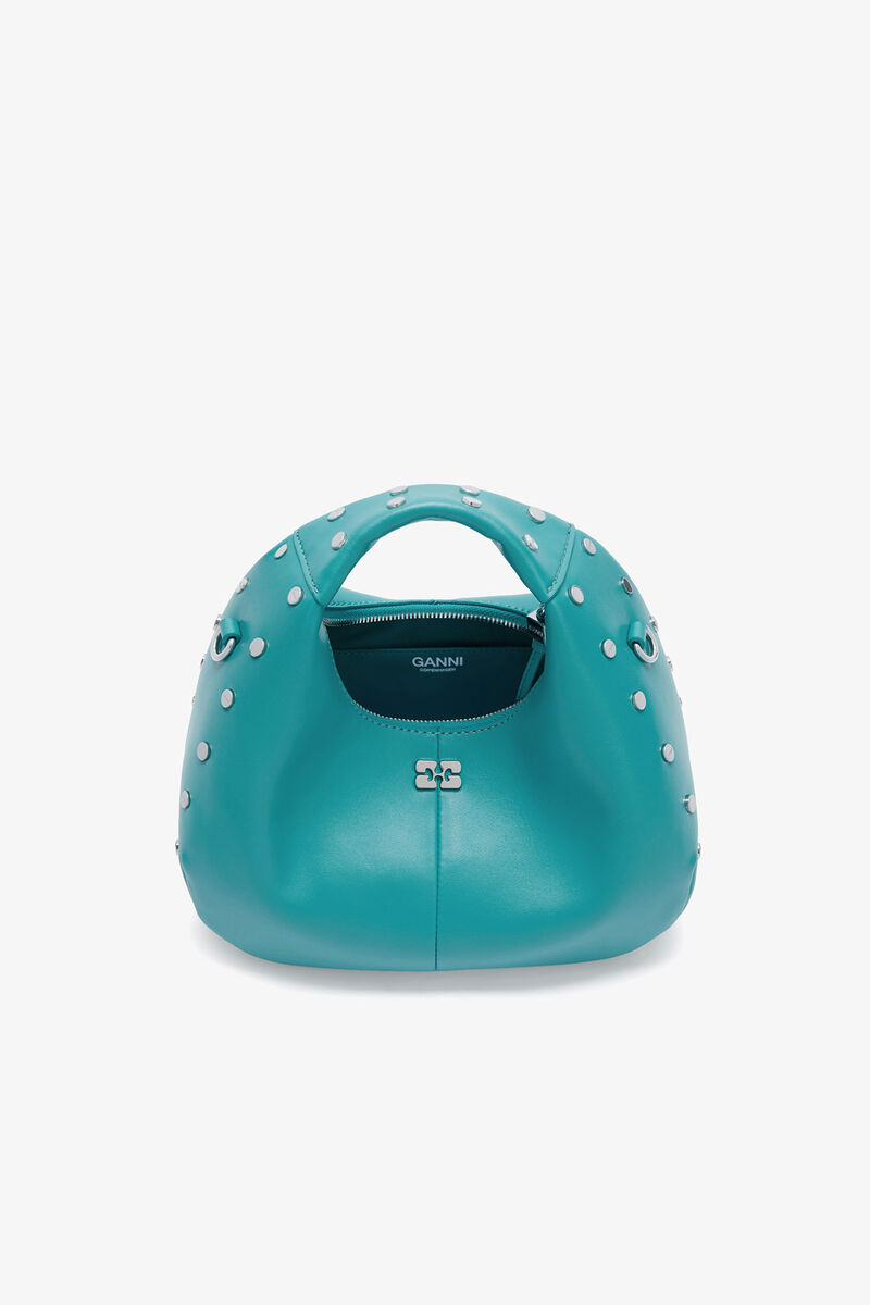 Mini Hobo Bag Studs in Blue, Recycled Leather, in colour Baltic - 3 - GANNI