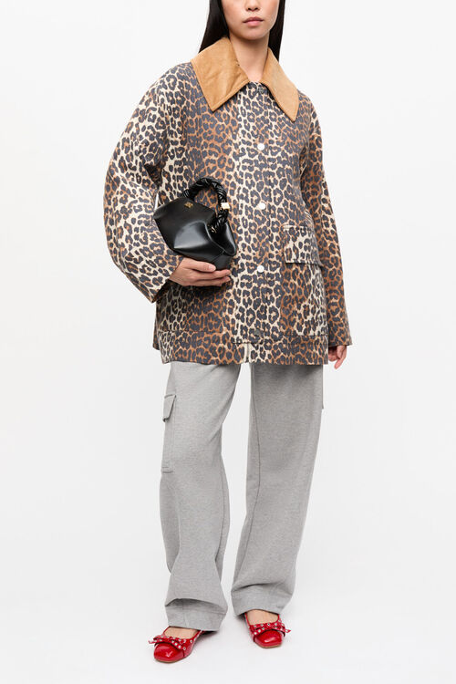 Leopard Printed Canvas Midi Jacket, Almond Milk