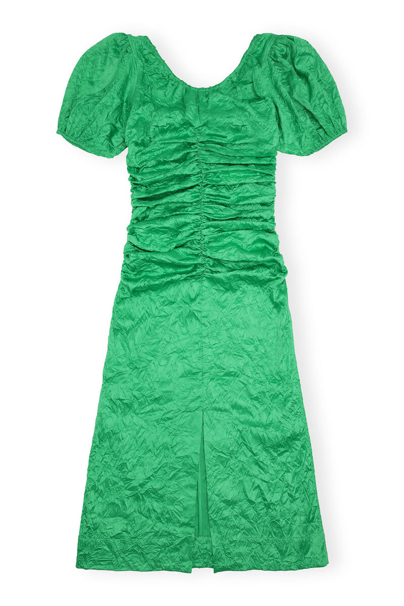 Green Crinkled Satin Midi Dress, Elastane, in colour Bright Green - 2 - GANNI