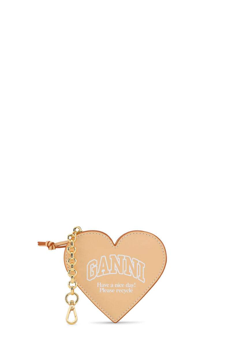 Beige Funny Heart Zipped Coin Purse, Polyester, in colour Buttercream - 1 - GANNI