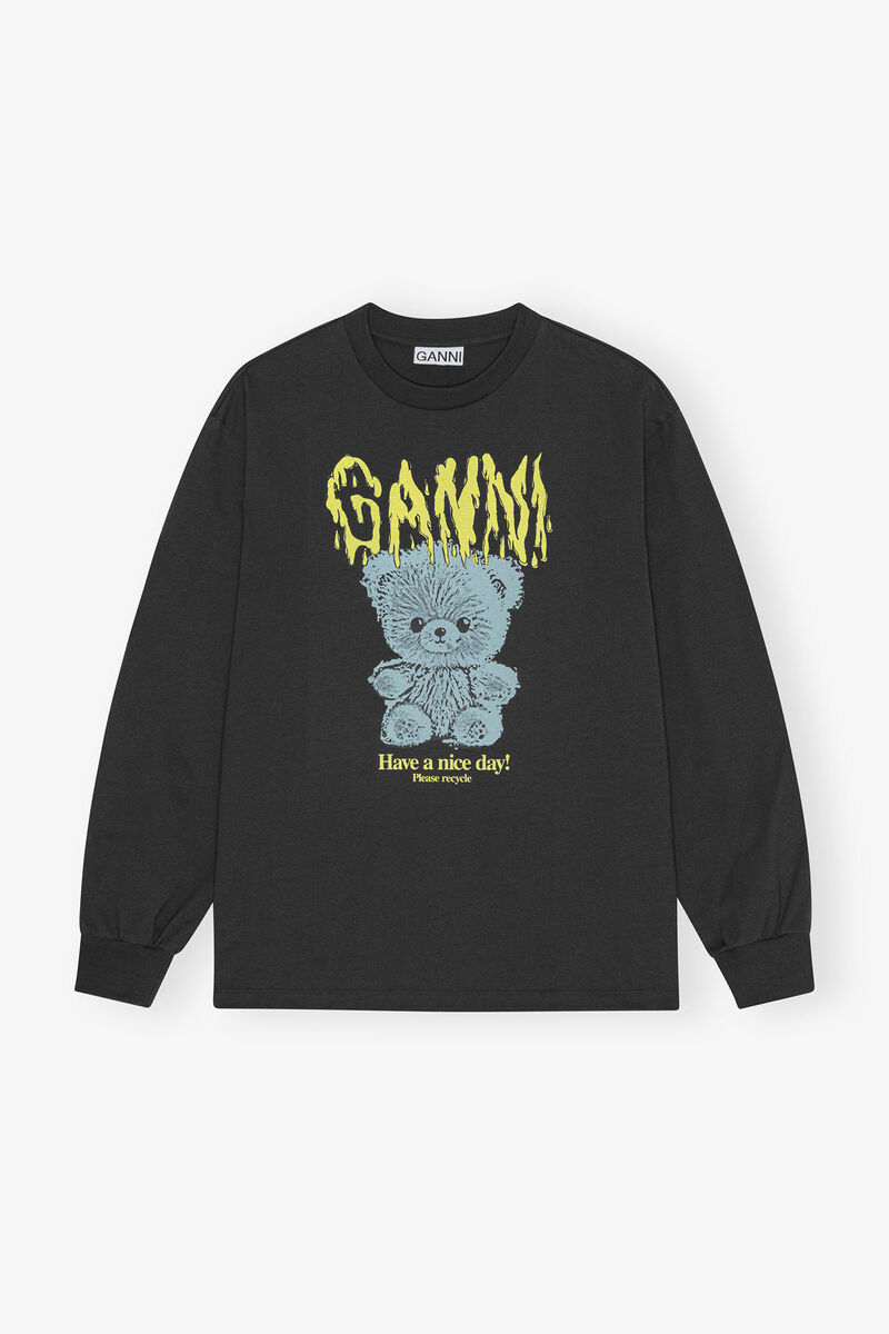 Sort langærmet teddy T-shirt i basalt bomuld, Cotton, in colour Phantom - 1 - GANNI