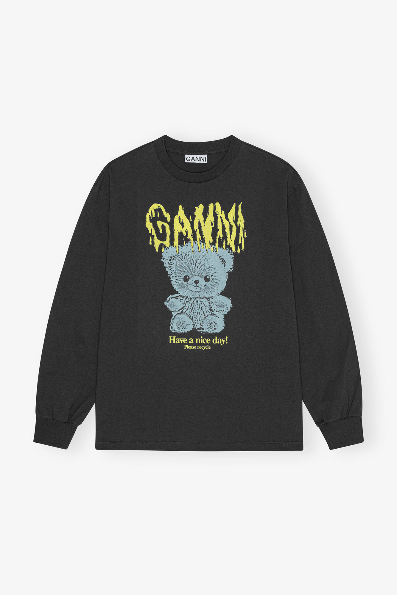 Sort langærmet teddy T-shirt i basalt bomuld, Cotton, in colour Phantom - 1 - GANNI