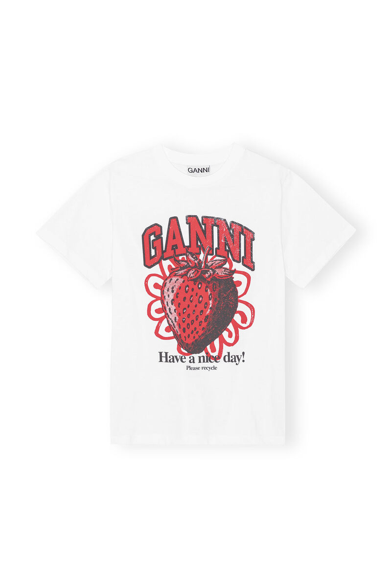 White Relaxed Strawberry T-shirt, Cotton, in colour Bright White - 1 - GANNI