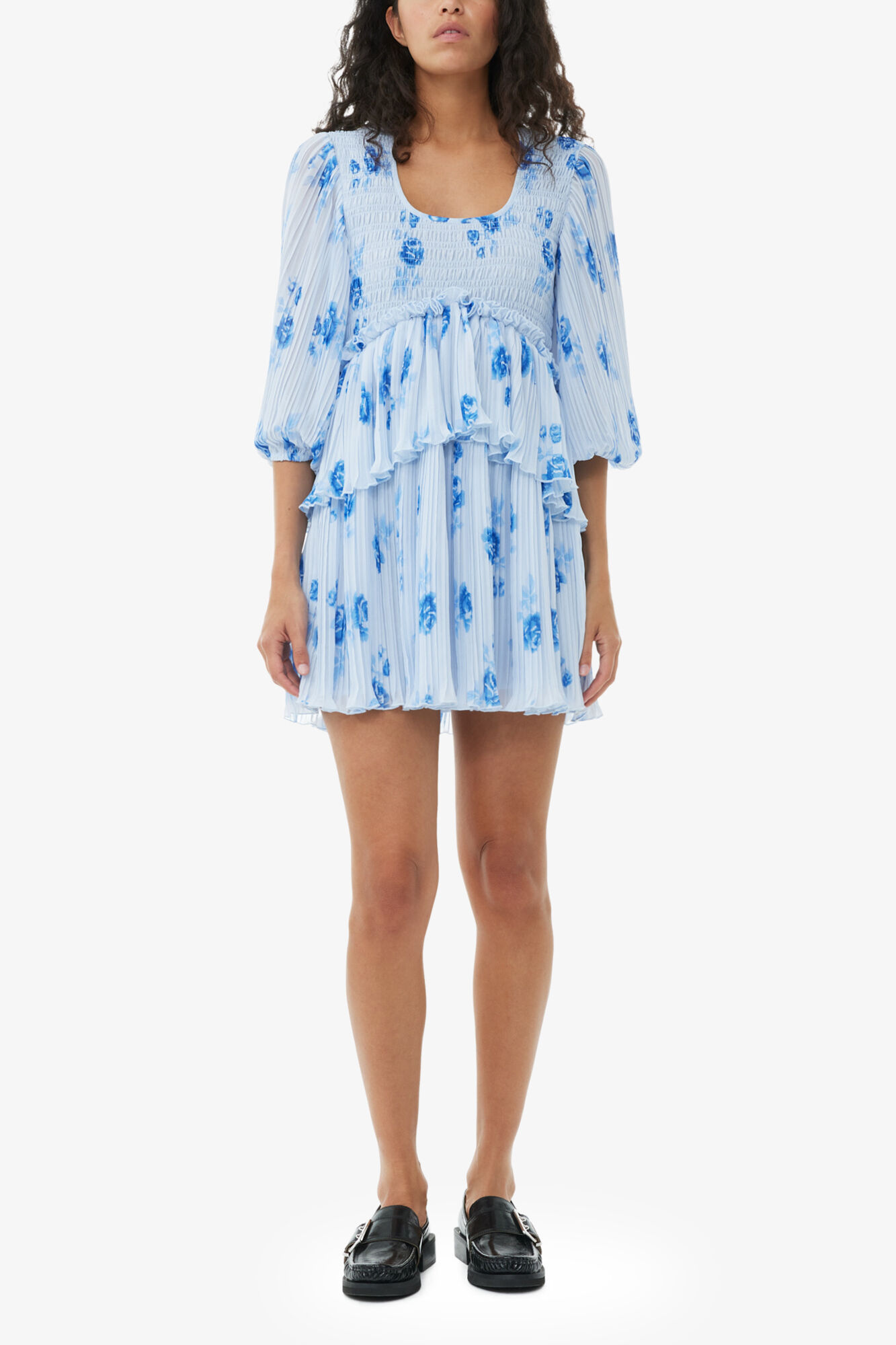Heather Blue Pleated Georgette Flounce Smock Mini Dress | GANNI