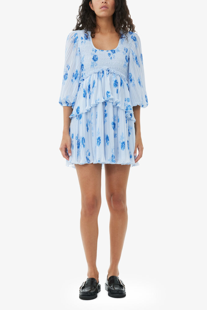 Blue Pleated Georgette Flounce Smock Mini Dress, Heather