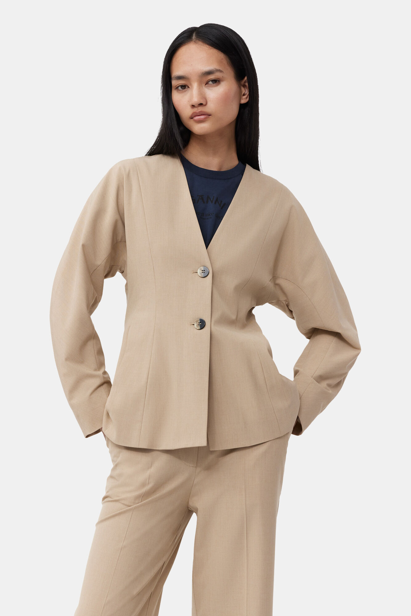 Beige Fitted Drapey Melange Blazer, Elastane, in colour Safari - 1 - GANNI