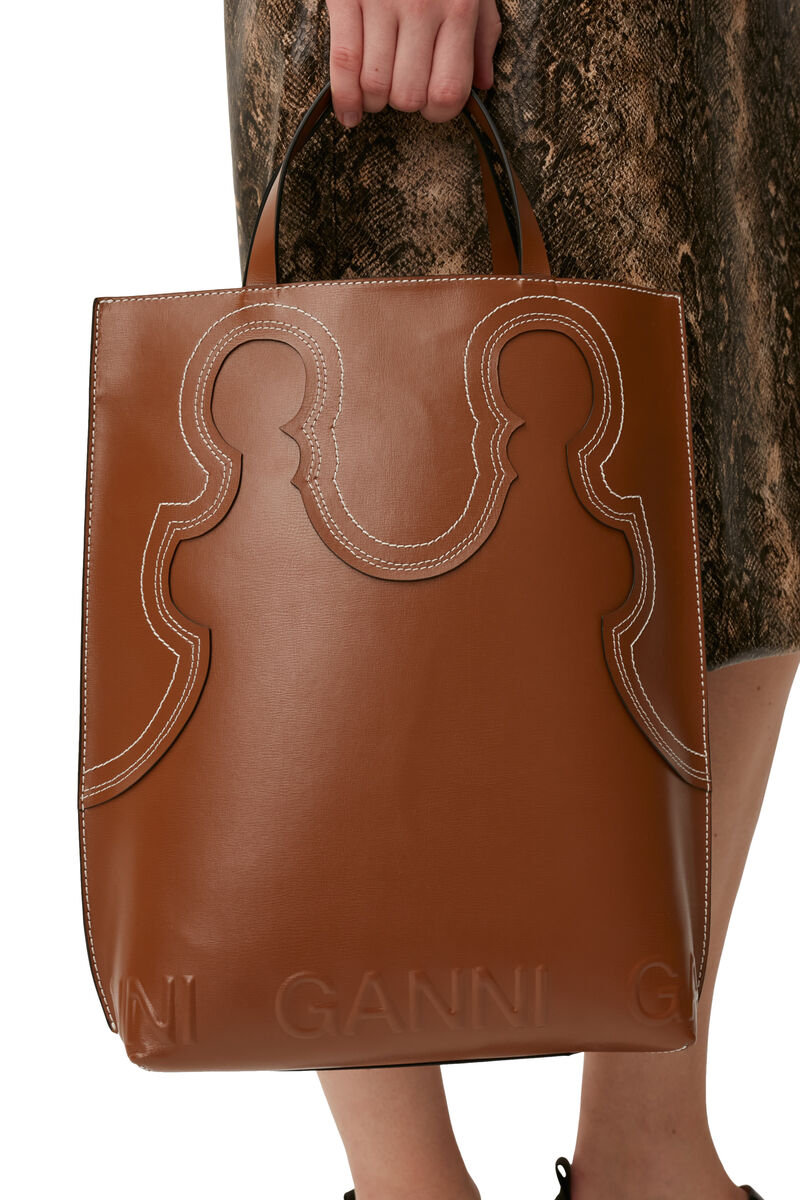 Banner Western Tote Bag, Leather, in colour Tiger's Eye - 3 - GANNI