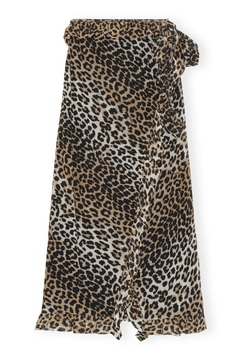Mesh Wrap Midi Skirt, Recycled Nylon, in colour Leopard Seedpearl - 1 - GANNI