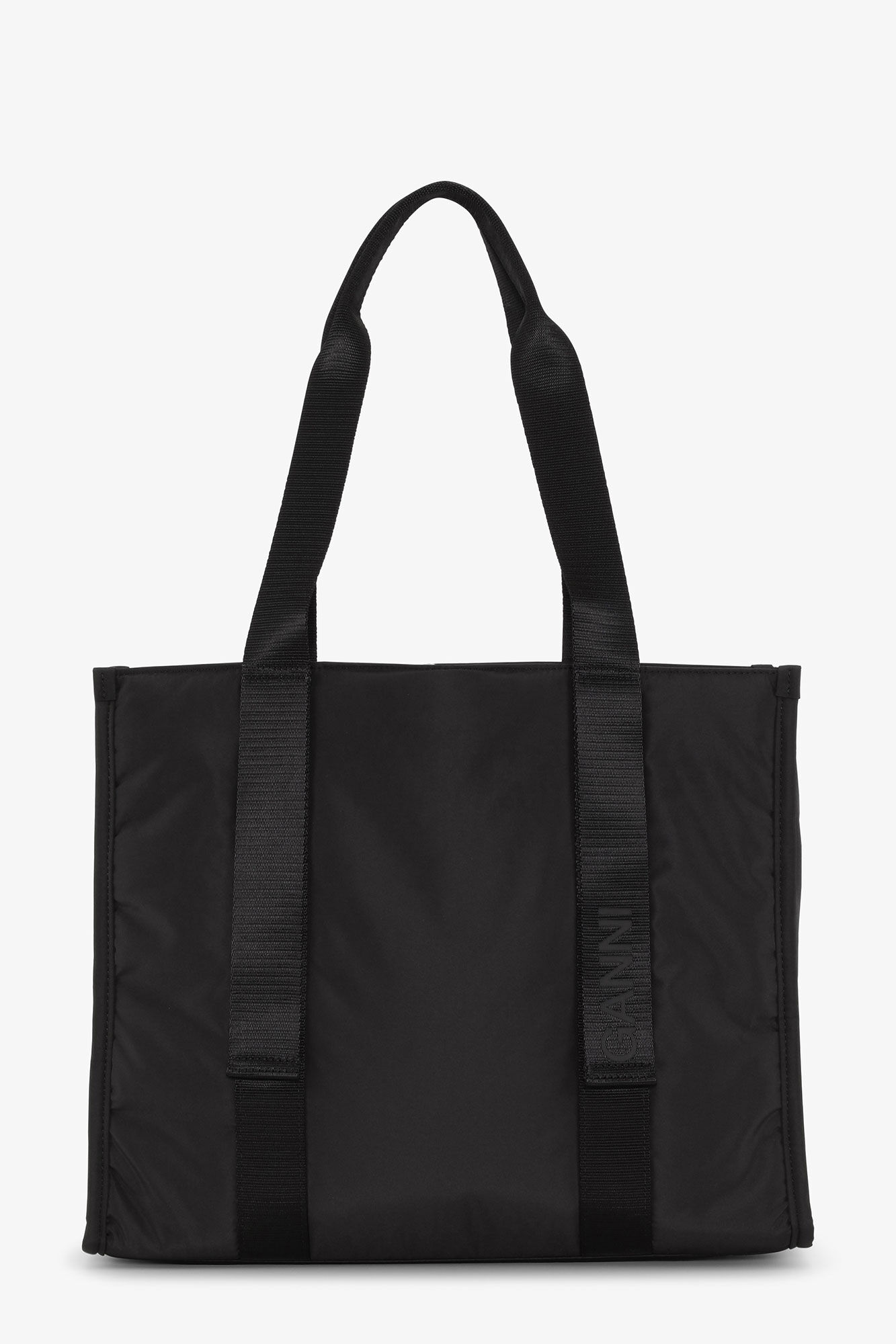 Medium Black Tech Tote, Recycled Polyester, in colour Black - 1 - GANNI
