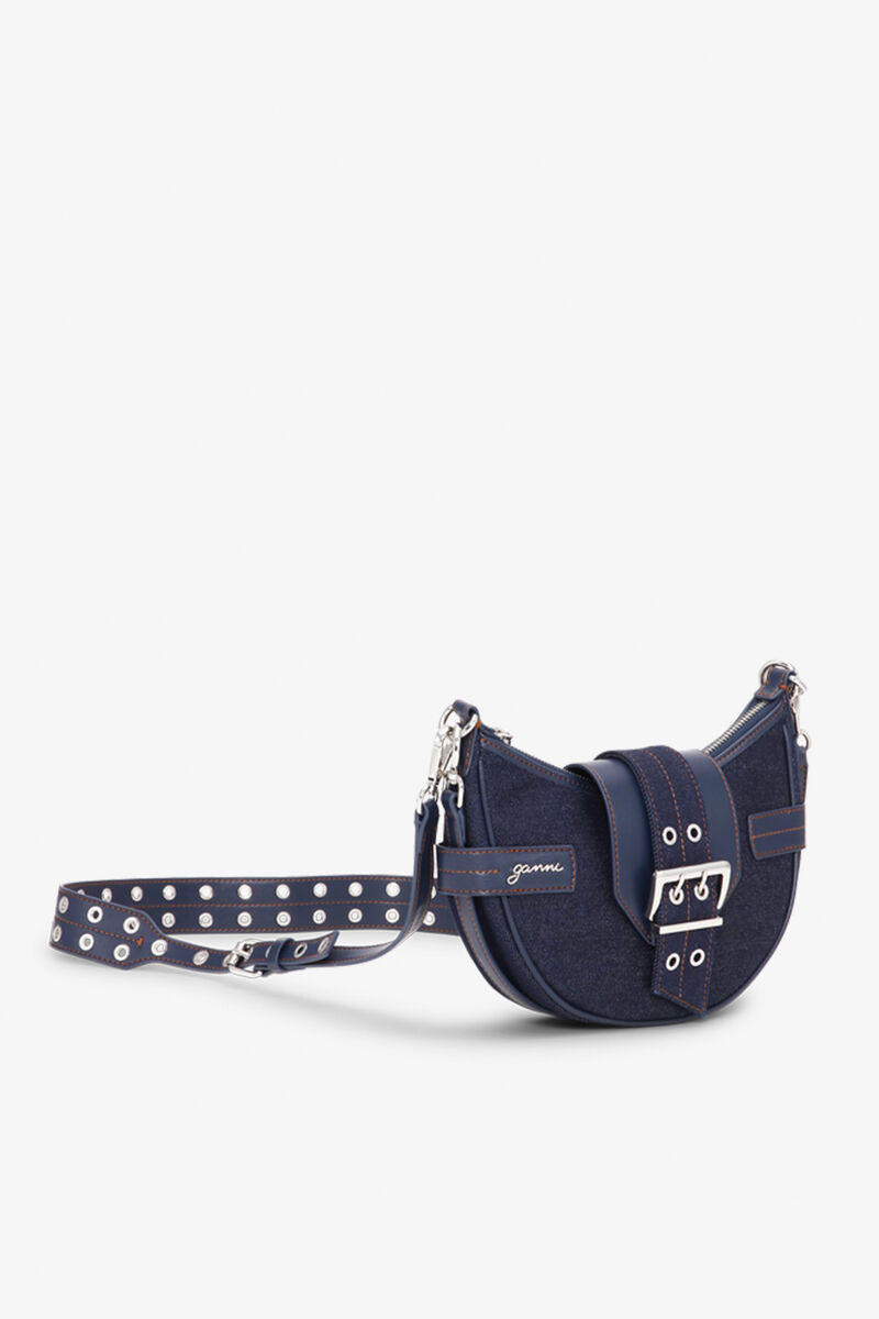 Dark Blue Denim Small Bucky Crossbody Bag, Recycled Cotton, in colour Dark Navy - 2 - GANNI