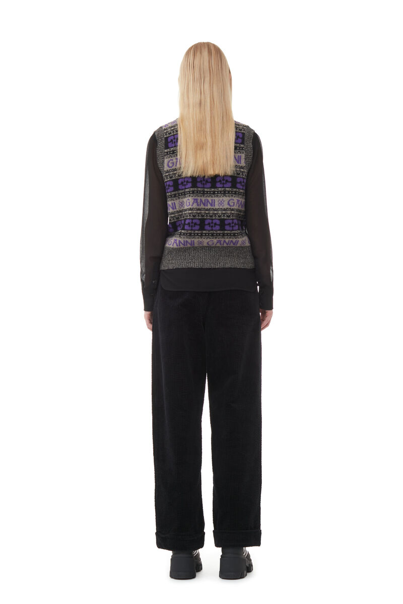 Black Corduroy Loose Pleat Trousers, Elastane, in colour Black - 3 - GANNI