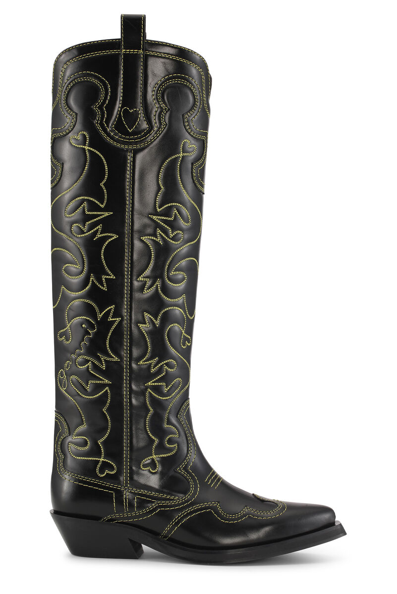Knee High Embroidered Western Boots, Calf Leather, in colour Black/Yellow - 1 - GANNI
