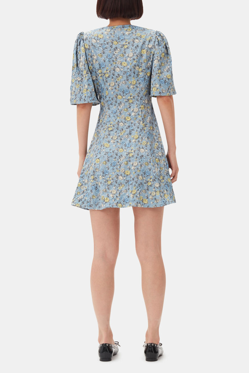 Blue Floral Printed Crinkled Satin Mini Wrap Dress, Recycled Polyester, in colour Dusty Blue - 4 - GANNI