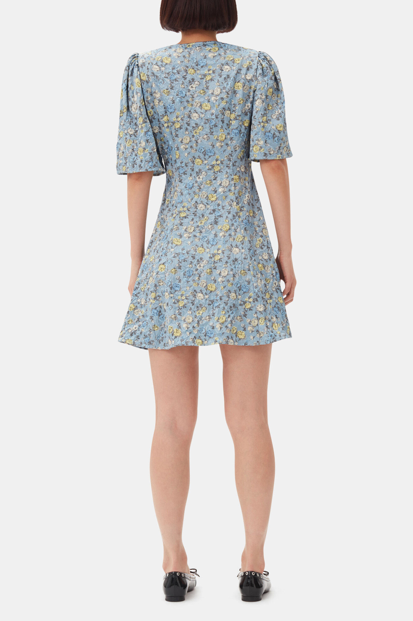 Blue Floral Printed Crinkled Satin Mini Wrap Dress, Recycled Polyester, in colour Dusty Blue - 4 - GANNI