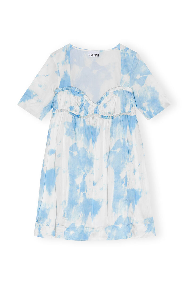 Printed Satin Short Sleeve Mini-kjole, in colour Powder Blue - 1 - GANNI