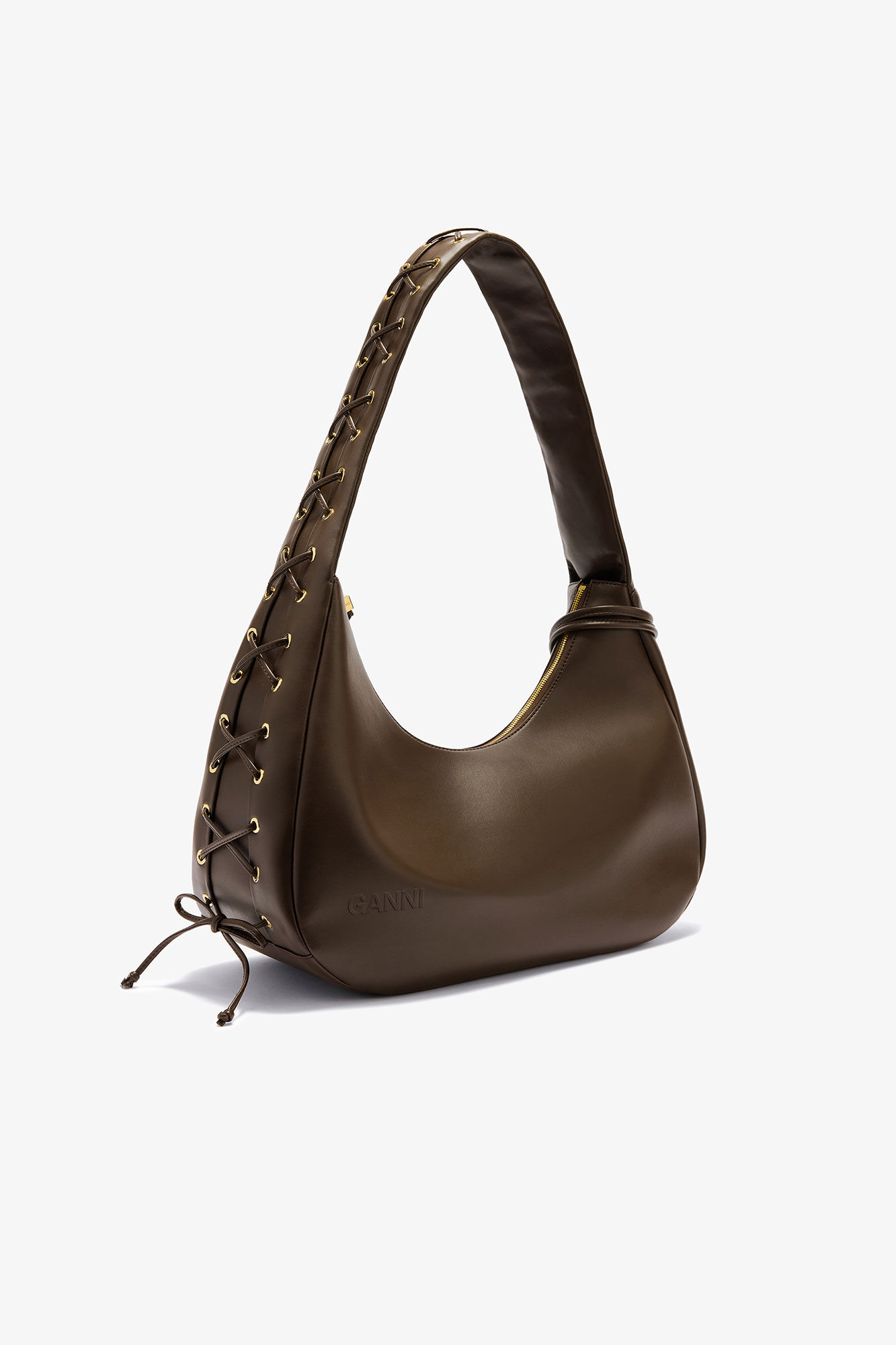 Green Medium Laces Hobo Bag, in colour Dark Olive - 2 - GANNI