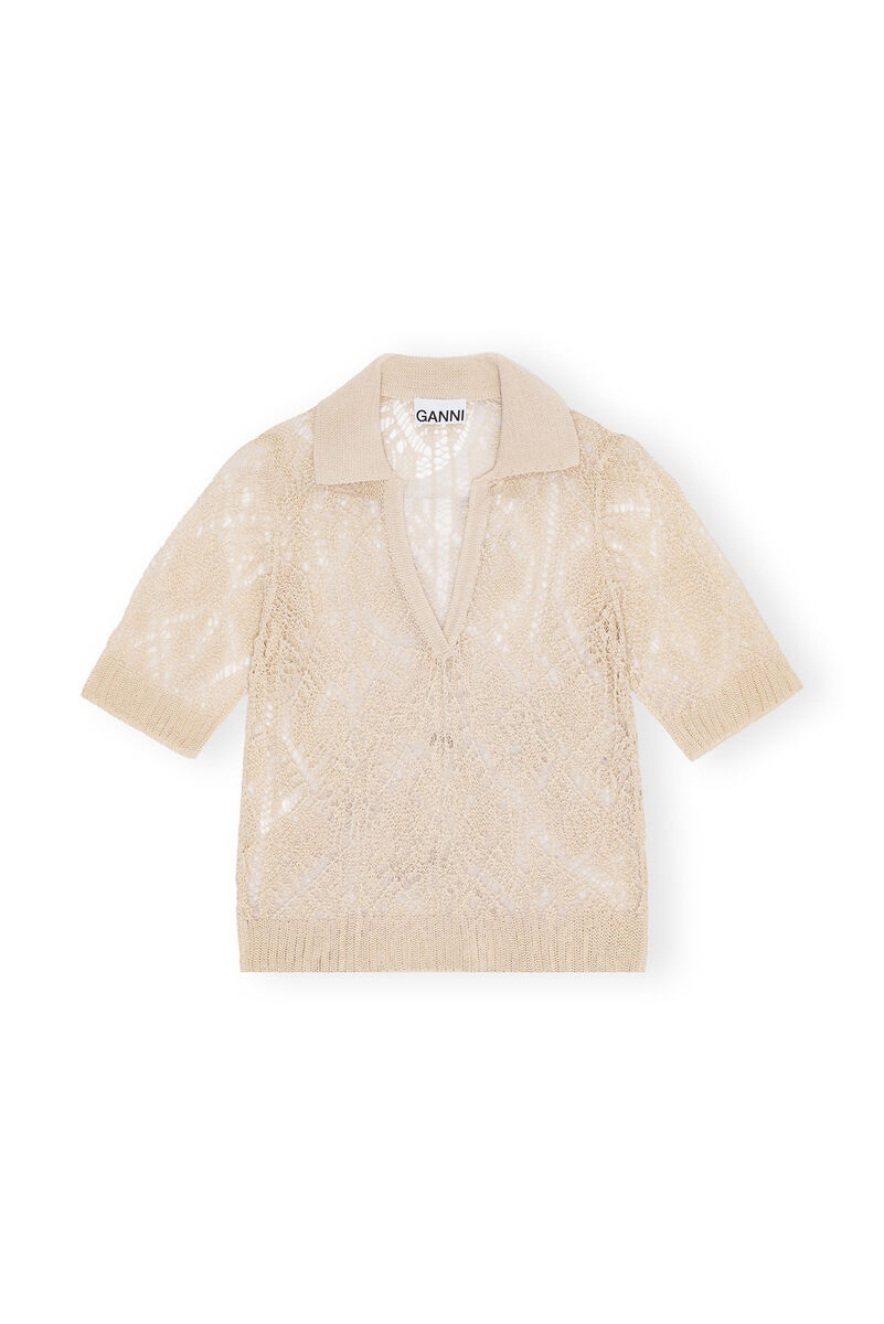Egret Cotton Lace Polo Pullover, Cotton, in colour Egret - 1 - GANNI