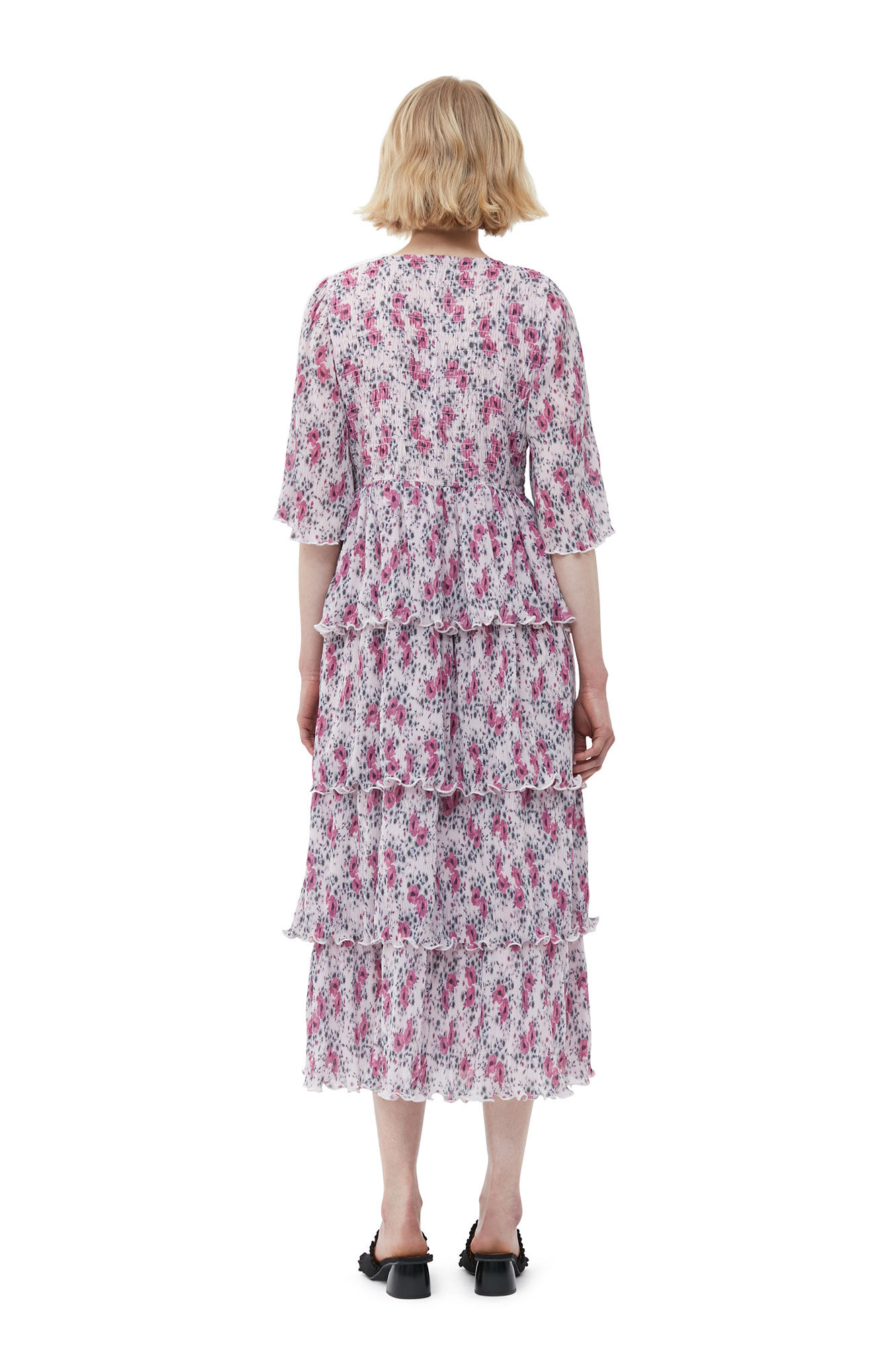 Pleated Georgette Flounce Smock Midi Dress, Recycled Polyester, in colour Mauve Chalk - 2 - GANNI