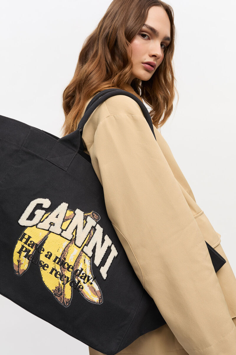 Black XXL Banana Print Tote, Recycled Cotton, in colour Black - 2 - GANNI