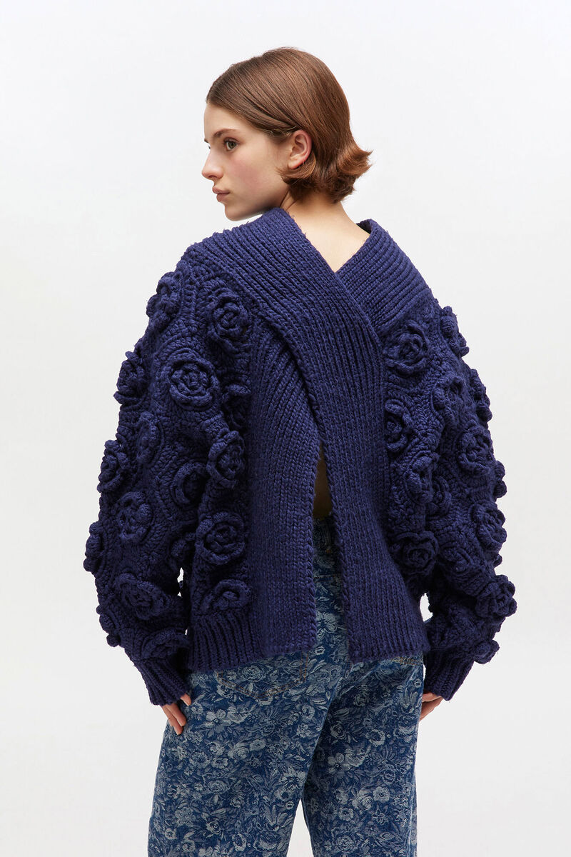 Dark Blue Flower Crochet Jumper, Wool, in colour Sky Captain - 3 - GANNI