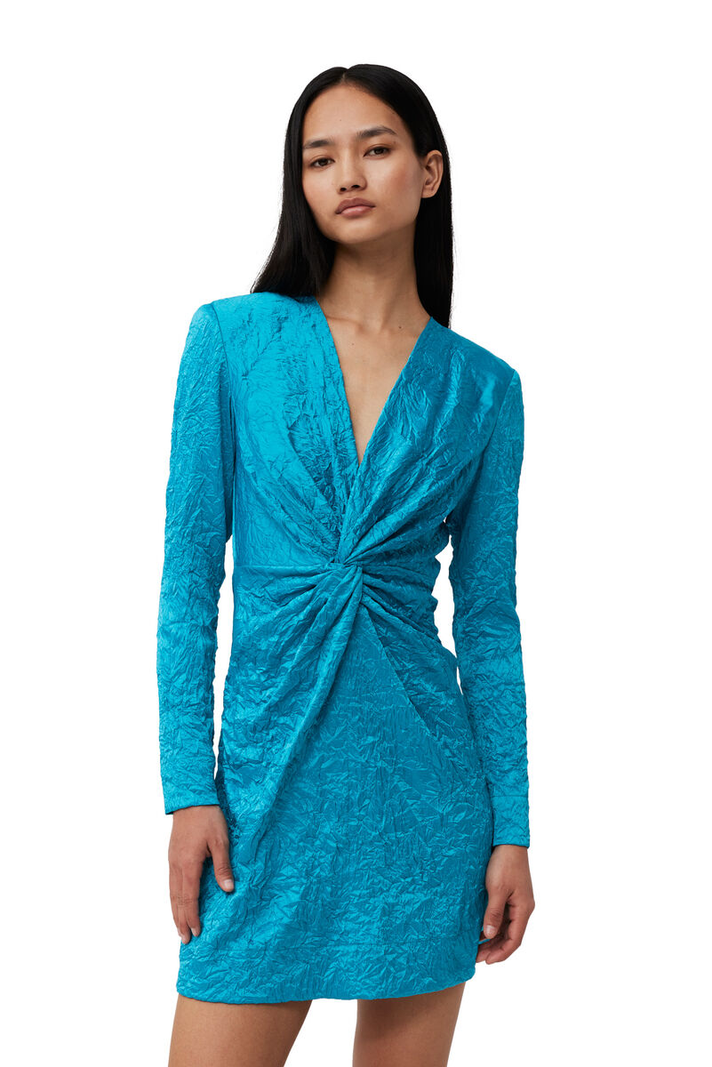 Blue Crinkled Satin Gathered Knot Mini-kjole, Elastane, in colour Algiers Blue - 4 - GANNI