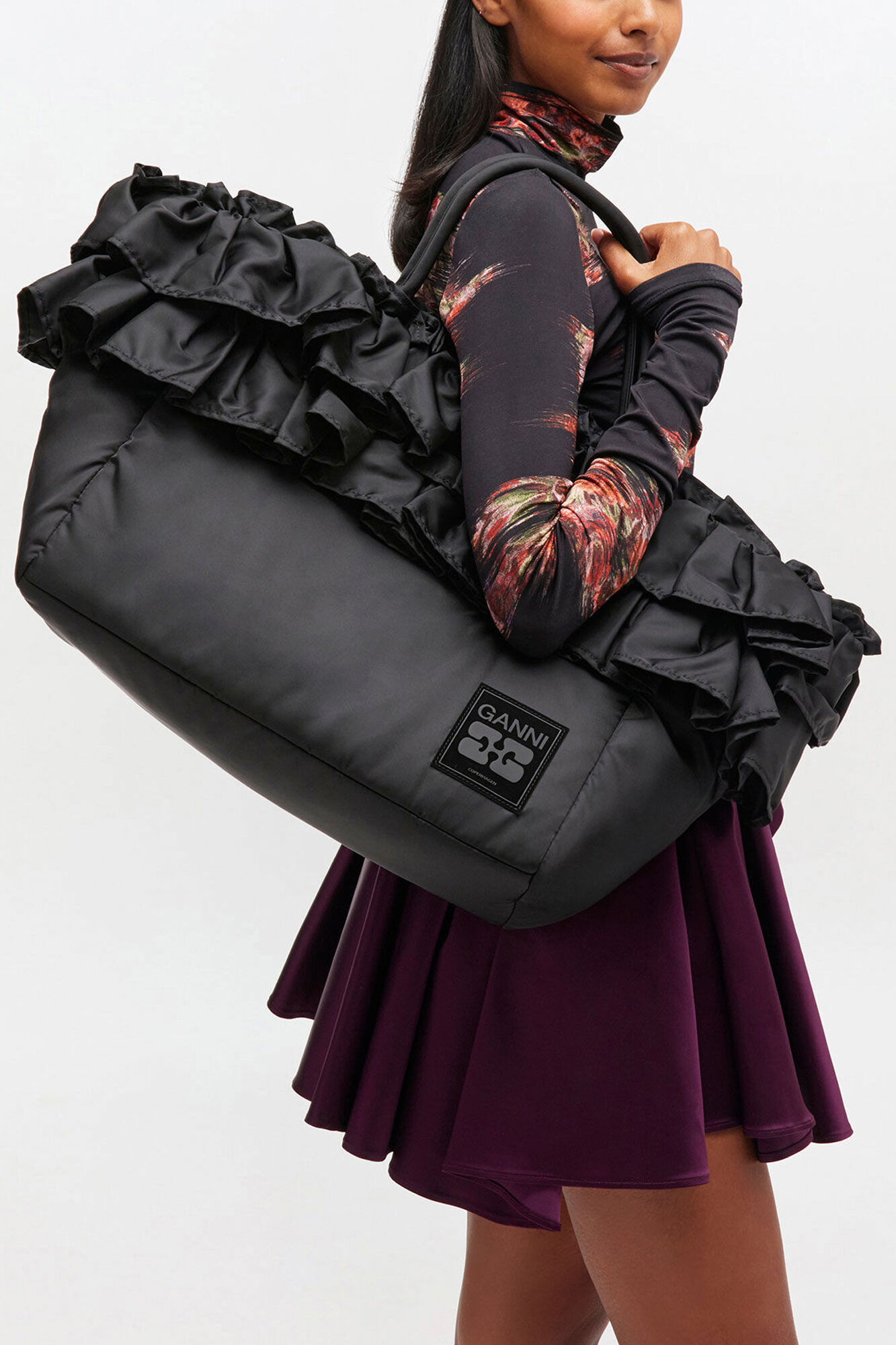 Black XXL Ruffle Tote, Recycled Nylon, in colour Black - 1 - GANNI