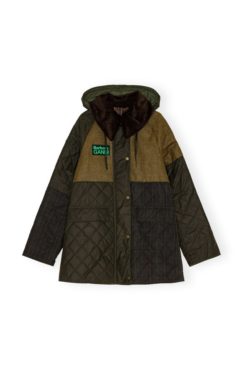 GANNI x Barbour Short Burghley Quilted Wax Jacket, Cotton, in colour Kalamata - 1 - GANNI