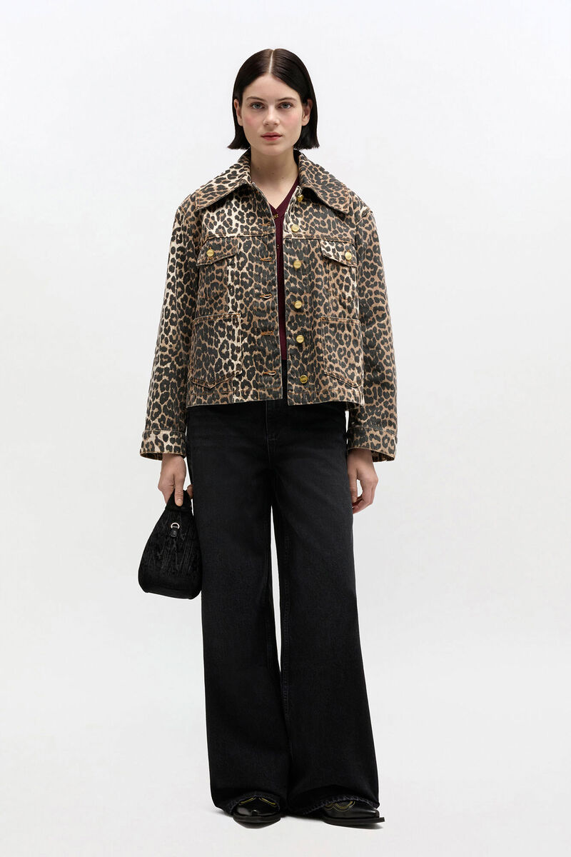 Leopard Denim Jacket, Organic Cotton, in colour Almond Milk - 1 - GANNI