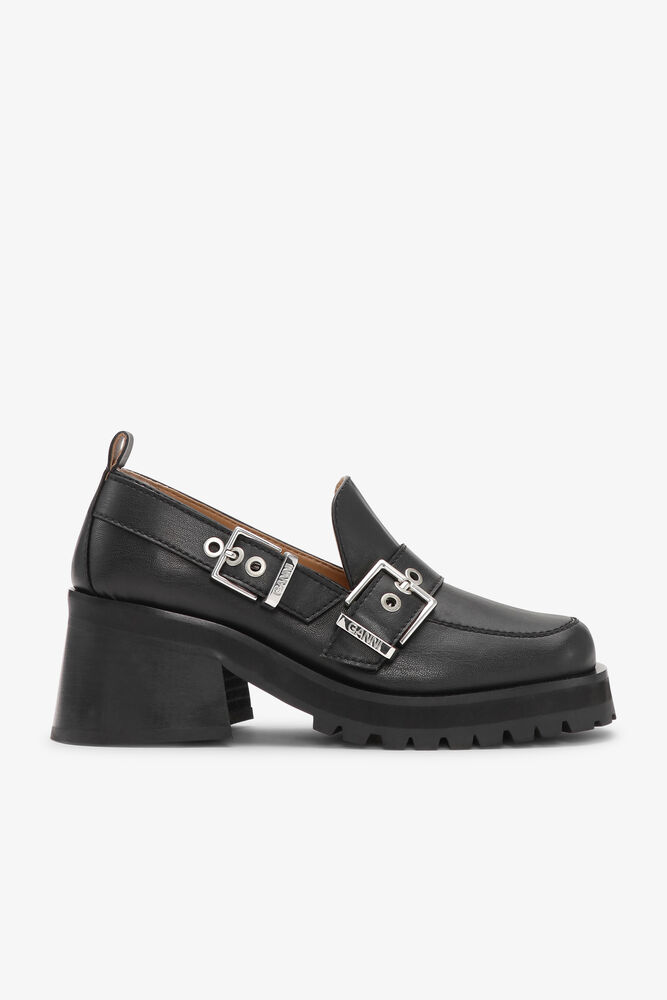 Black Feminine Buckle Platform Loafers, Black