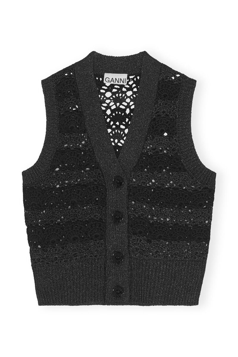 Veste sans manches à col en V en crochet, Nylon, in colour Black - 1 - GANNI