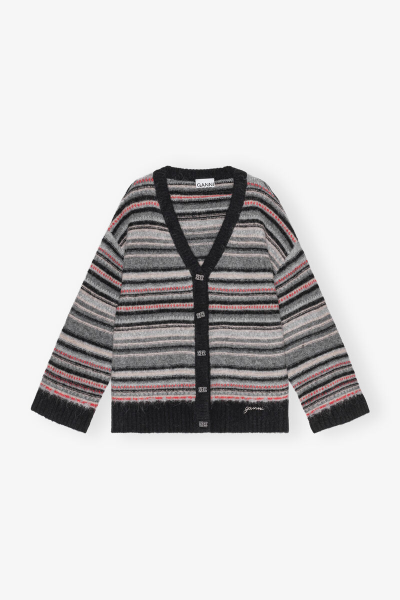 Stripe Boxy Cardigan, Alpaca, in colour Phantom - 1 - GANNI