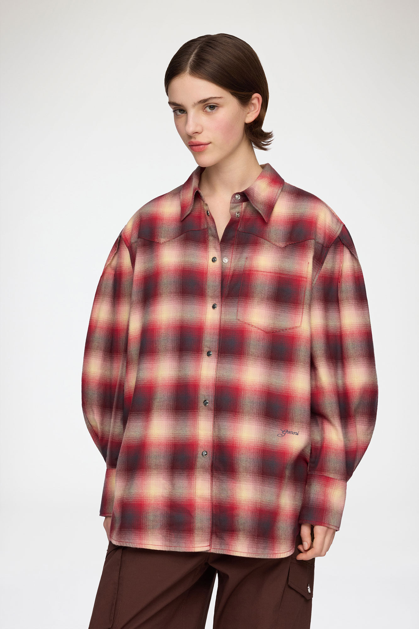 Shirt in Red Check Flannel, Cotton, in colour Raspberry Wine - 1 - GANNI