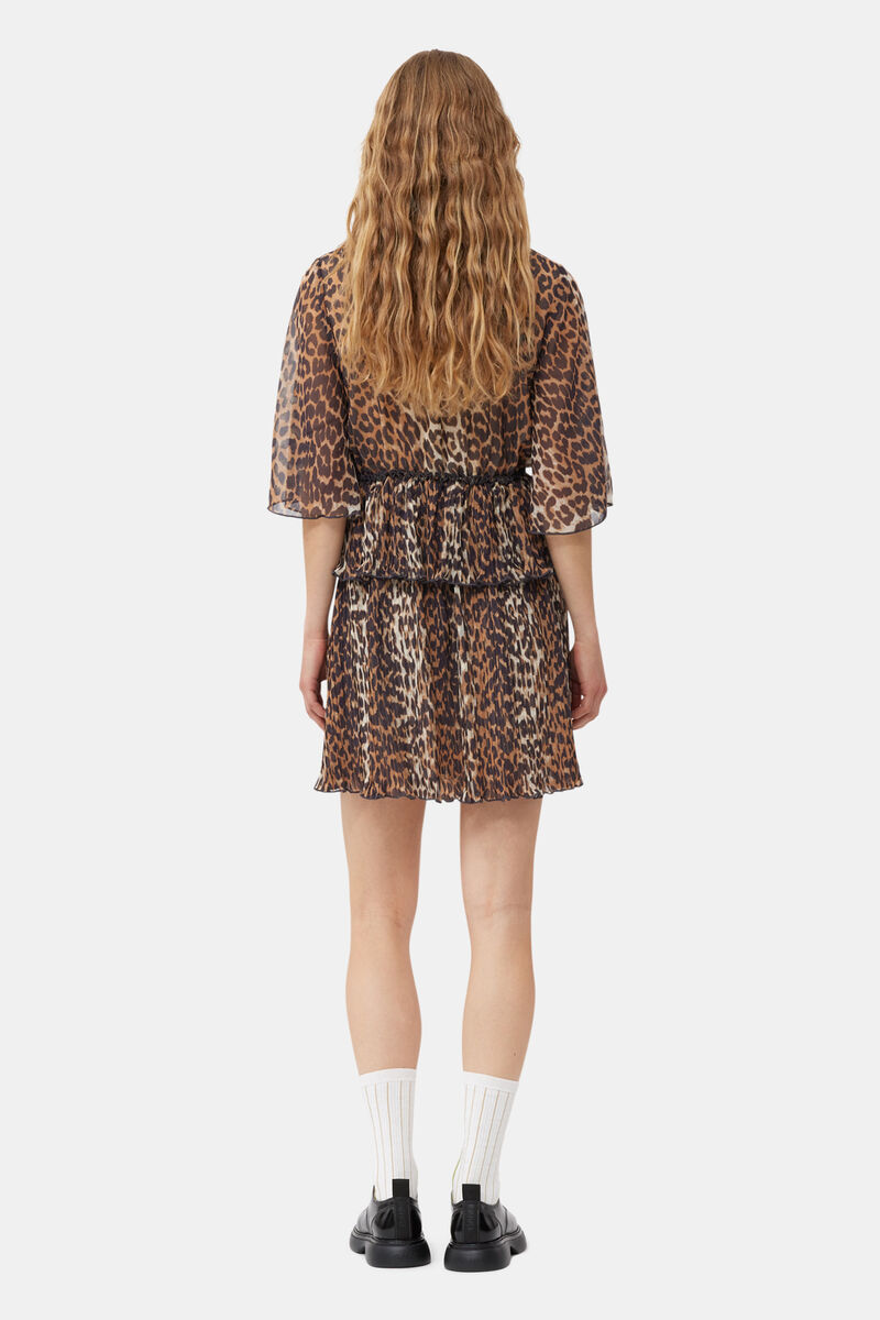 Leopard Pleated Georgette V-neck Flounce Mini Dress, Recycled Polyester, in colour Almond Milk - 2 - GANNI