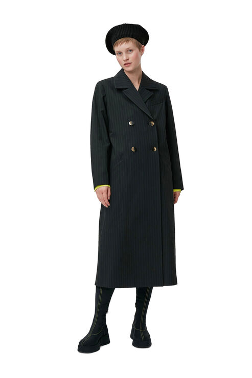 Ganni Double-breasted Striped Coat In Black