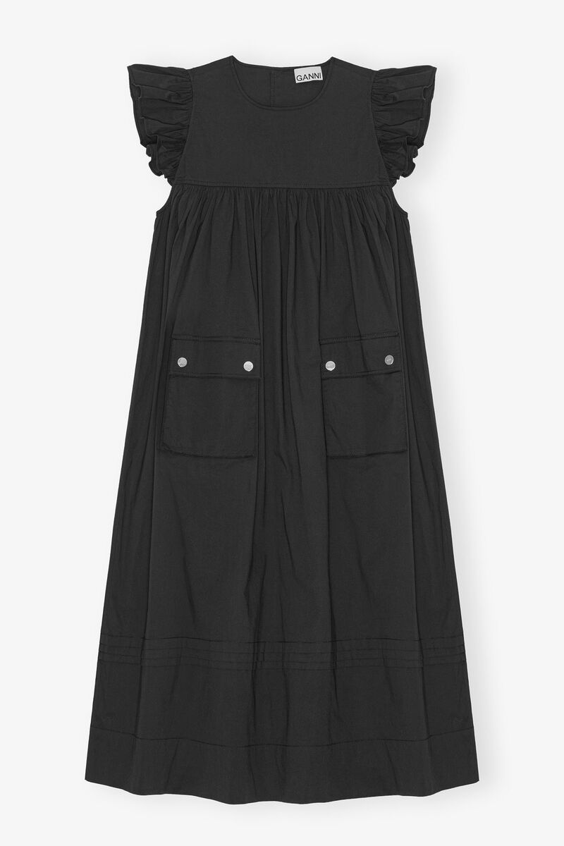 Black Stretch Cotton Frill Sleeve Dress, Elastane, in colour Black - 1 - GANNI